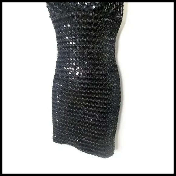 Black Sequin Halter Dress Sexy Micro Mini Bodycon Formal 70s Vintage Disco Era - Picture 6 of 13